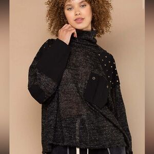 POL Black Turtle Neck Studded Detail Sweater Knit Long Sleeve Semi Sheer Top LG